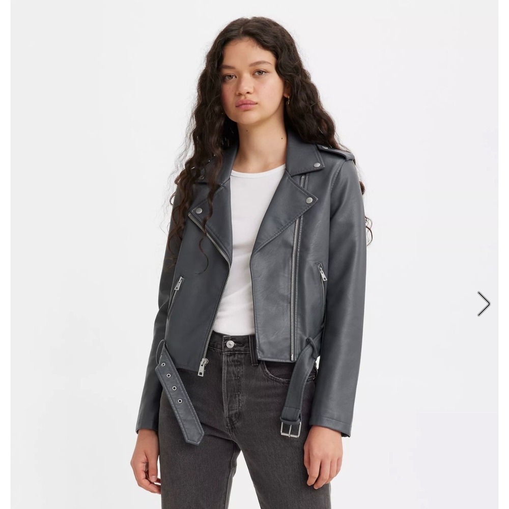 Levis Womens Faux Leather Moto Biker Jacket Gray XS Belted Cropped